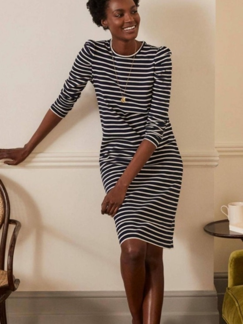 Boden Navy and White Long-Sleeve Breton Sheath Dress